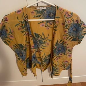 Madewell silk yellow floral wrap blouse.